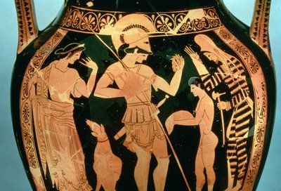 Attic Red Figure Vase Depicting a Soldier Taking Part in a Divination Ritual Before Fighting, 490-480 BC by Kleophrades Painter